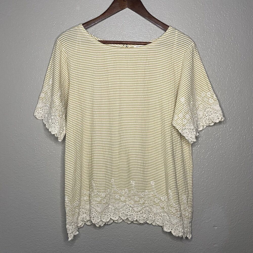 World Market Womens L/XL 100% Cotton Yellow Striped Floral Embroidered Top